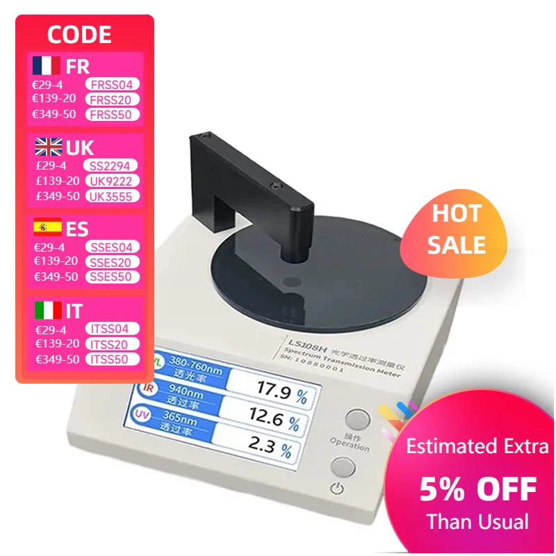 

Light Transmission Meter UV400 Tester VLT 430nm Blue 395nm Violet Light Transmittance Tester for Eyeglasses Sunglasses LS108