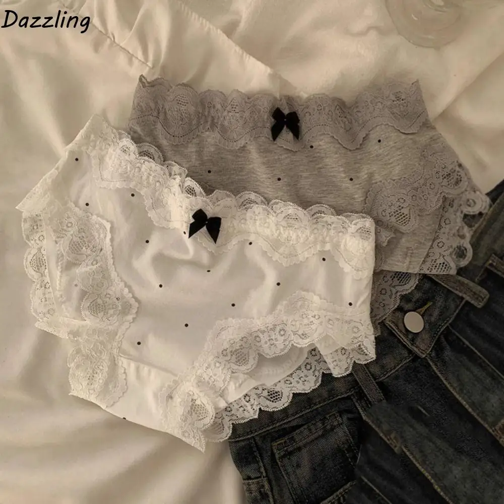 

3Pcs Simple Dot Lace Bowknot Panties Sweet Cotton Crotch Seamless Briefs Mid Waist Underpants Underwear for Women Girl