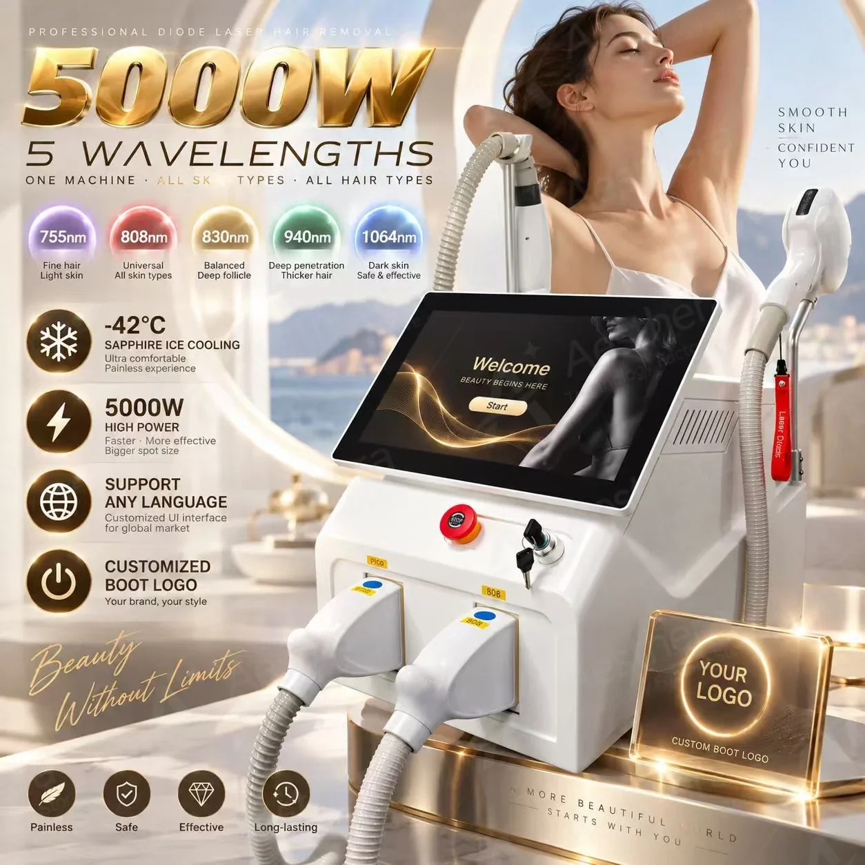 5000W 2 IN 1 Soprano Titanium Ice Platinum Diode Laser Epilator5 Wavelength Painless Full Body Hair Removal 2026
