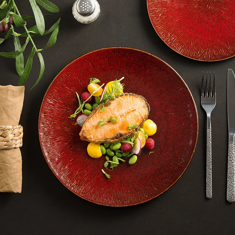New Year Red Nordic Style Plate High End Steak Dish Underglaze Color Western Style Tableware for Restaurant French Style Plating