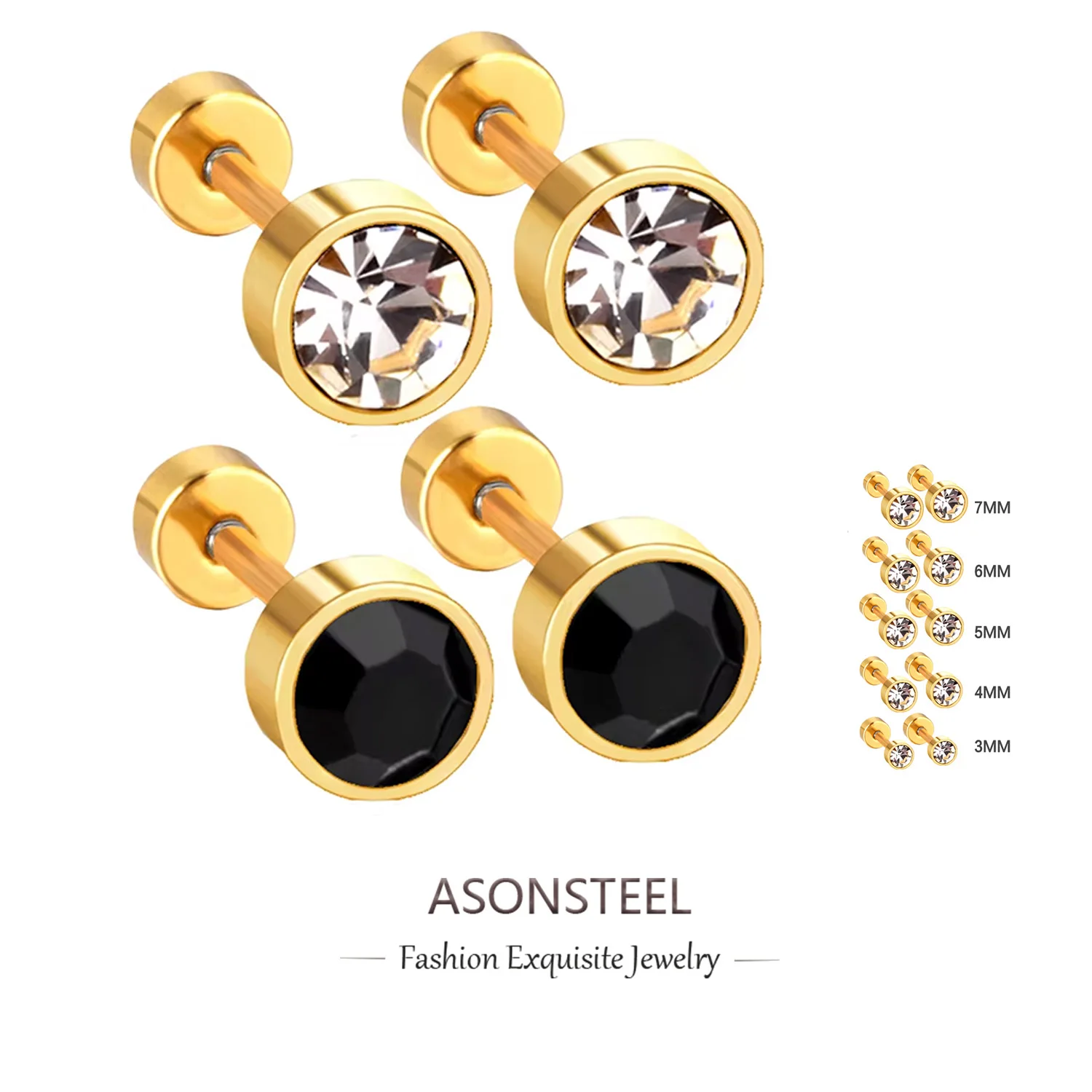 ASONSTEEL Shiny Zirconia Stud Earrings 3mm-7mm Round Cubic Dazzling Crystal Ear Stainless Steel Earrings For Women Men CZ Party
