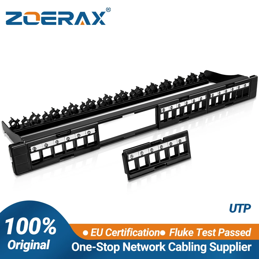 ZoeRax 24-Port Cat6 Cat5e Unshielded Patch Panel，Removable Inserts，19-Inch/1U Network Patch Panel Use Only Slim Profile Keystone