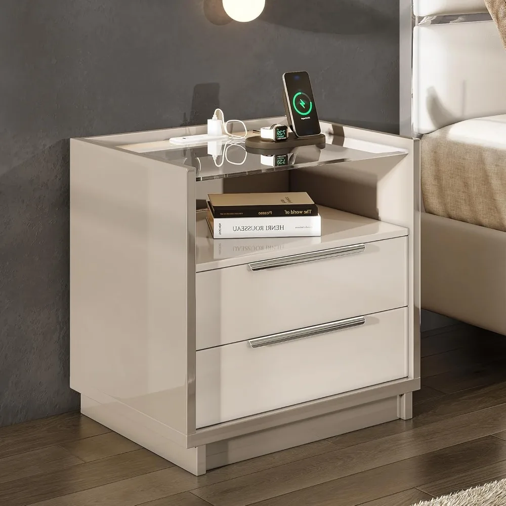 

23.6" High Gloss End Table with Glass Tabletop, Modern Bedside Table with Charging Station, 2 Drawers Nightstand for Bedroom