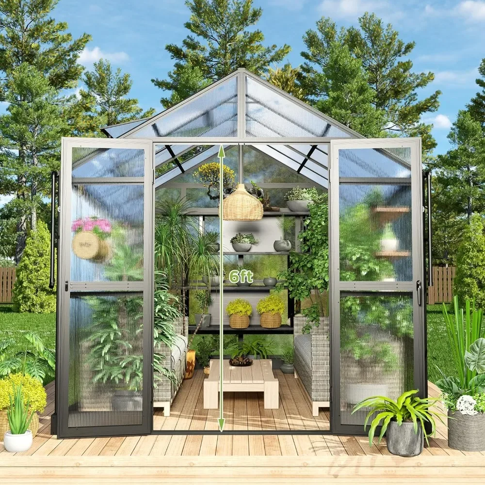 Greenhouses ， 8x10x7.5 FT Polycarbonate Greenhouse Double Swing Doors 2 Vents 5.2FT Added Wall Height, Walk-in Large Aluminu