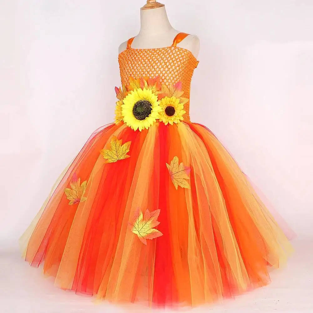 Maple Leaf Sunflower Fairy Costumes Girls Fall Autumn Long Tutu Dress for Kids Thanksgiving Halloween Fancy Outfit with Wings