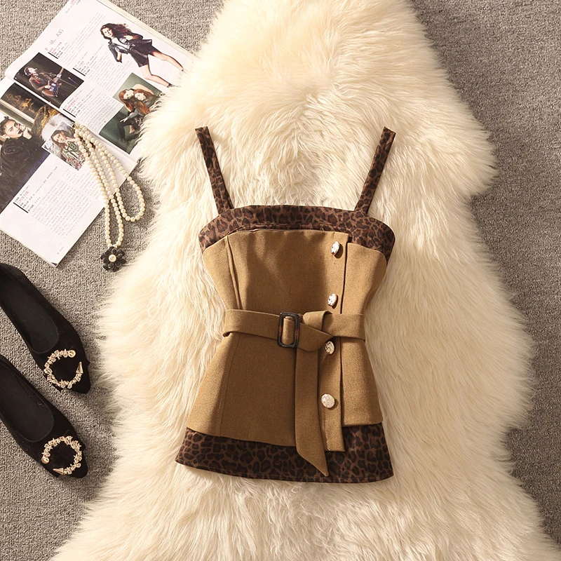 Retro Leopard Print Patchwork Halter Vest Women's Metal Buckle Waist Cinching Layering Tank Top High-End Feel Commute Style