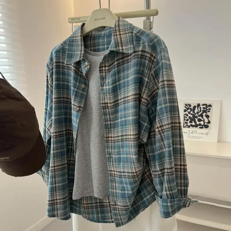 

2025 French Blue Plaid Brushed Long Sleeve Women's Shirt Spring Autumn Loose Oversize Harajuku Casual Versatile Button up Top