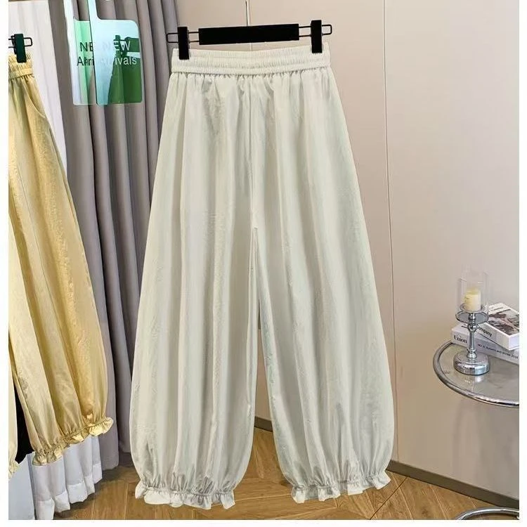 Ice Silk Quick Dry Flower Bud Lantern Pants Women Summer Thin Loose Cuffed Nine Points Casual Pants Korean Style High Waist