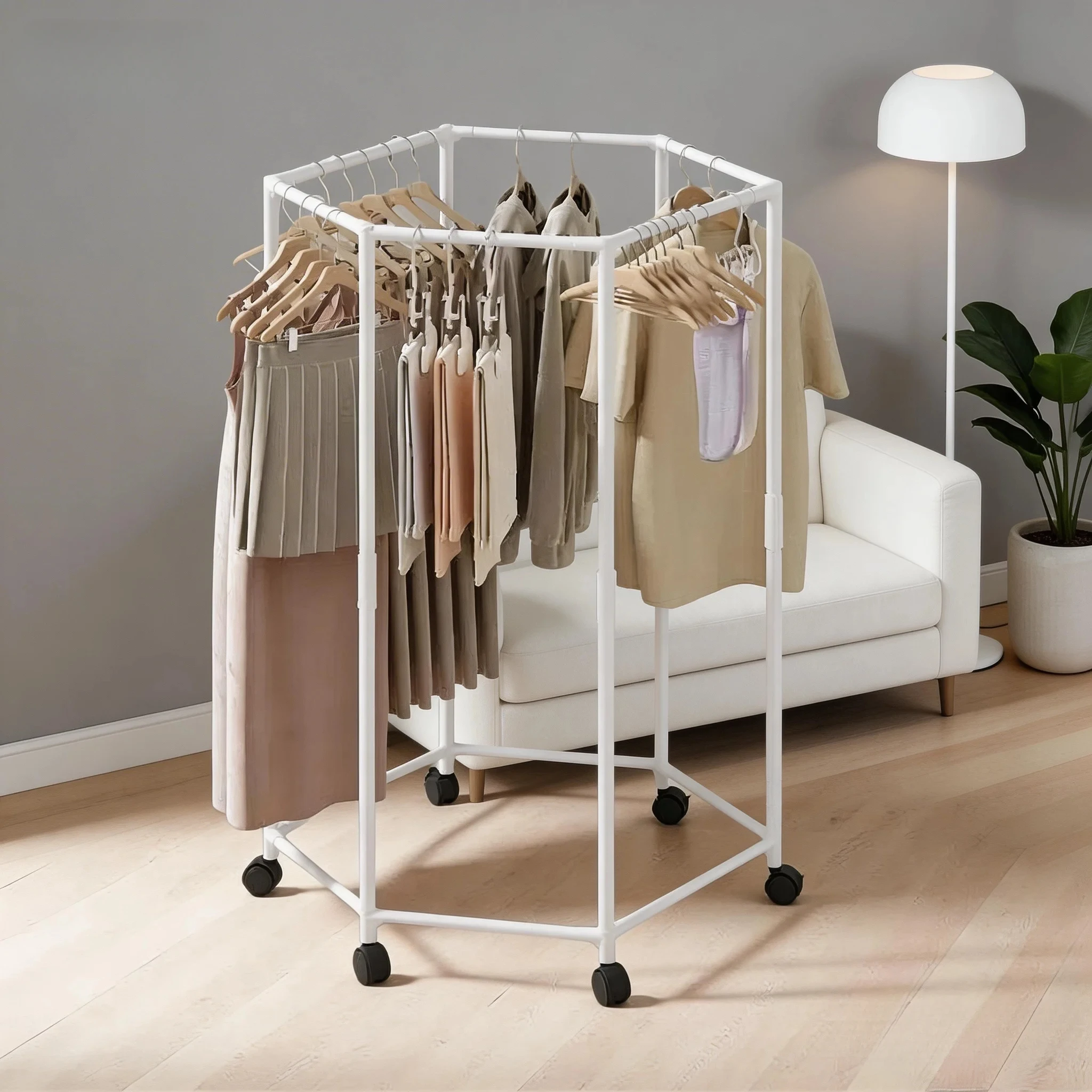 Prateleira Organizadora Multifuncional para Roupas, Rack de Armazenamento Móvel e Rotativo em Forma de Hexágono, Suporte de Metal para Secar Roupas com Rodízios e Cabideiro