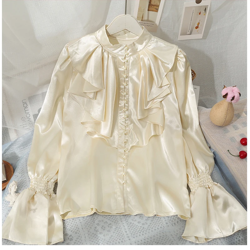 

Весенне-осенняя атласная рубашка в дворцовом стиле в стиле ретро с рукавами-трубой и воротником-стойкой, женская новая французская модная свободная блузка, топ W96