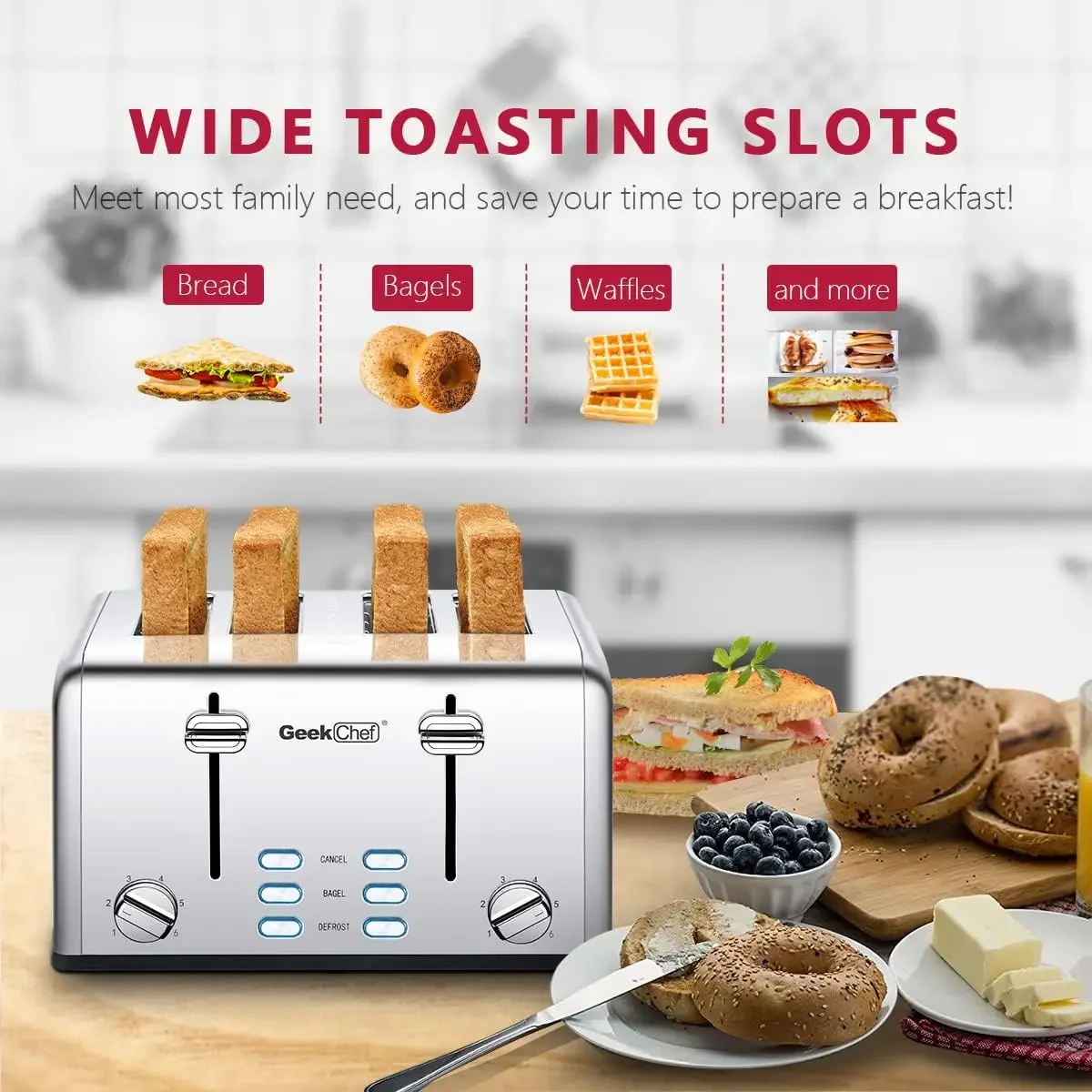 Toaster 4 Slice, Stainless Steel Toaster with Extra Wide Slots, 4 Slot Toaster with Bagel/Defrost/Cancel Function, Dual Control