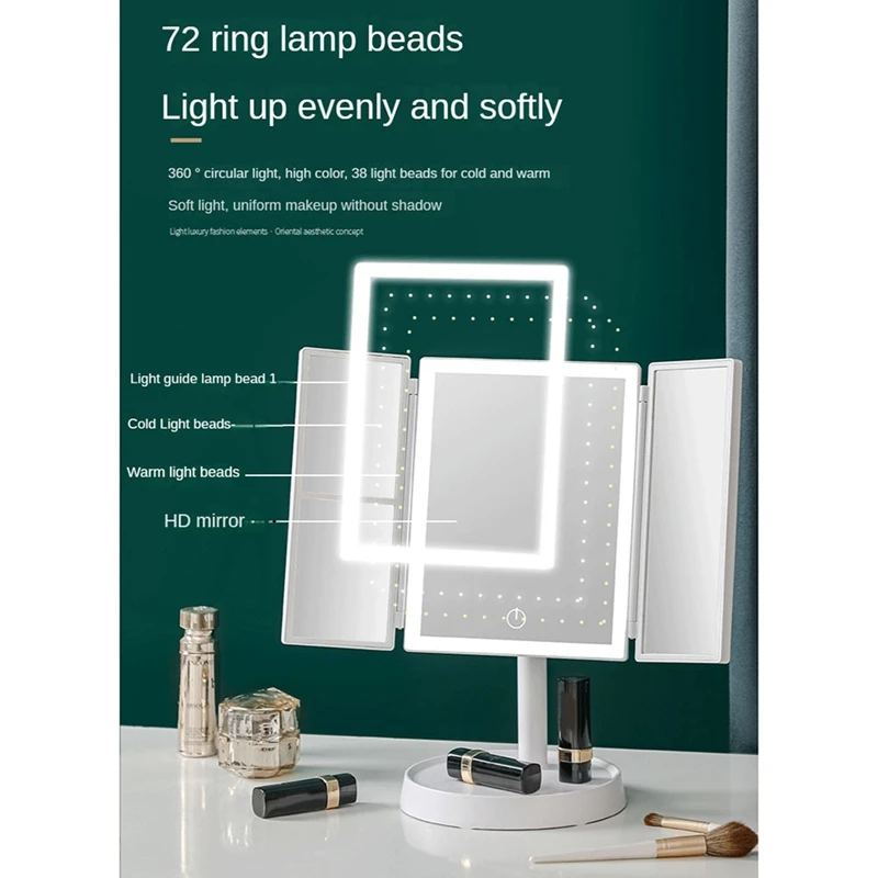 Vanity Mirror 3X Magnifying Cosmetic 3 Folding Makeup Mirrors 270 Rotation Stepless Dimmer Beauty Table Mirrors White A