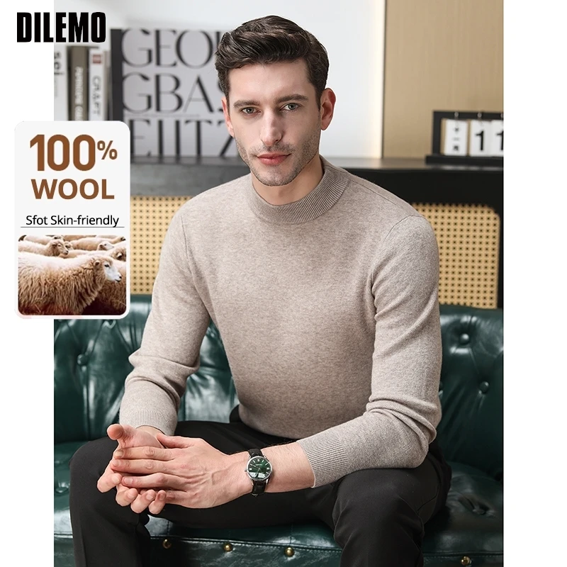 Jersey grueso de lana de 100% de gama alta para hombre, jersey de punto de marca a la moda para otoño e invierno, suéter de negocios de medio cuello alto, ropa informal para hombre