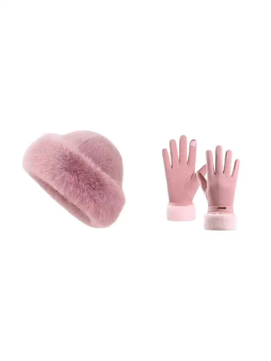 Elegant Luxury Faux Fur & Suede Fleece Solid Color Winter Warm Hat And Touchscreen Gloves Set - Fleece Cuffs And Metal Buckle