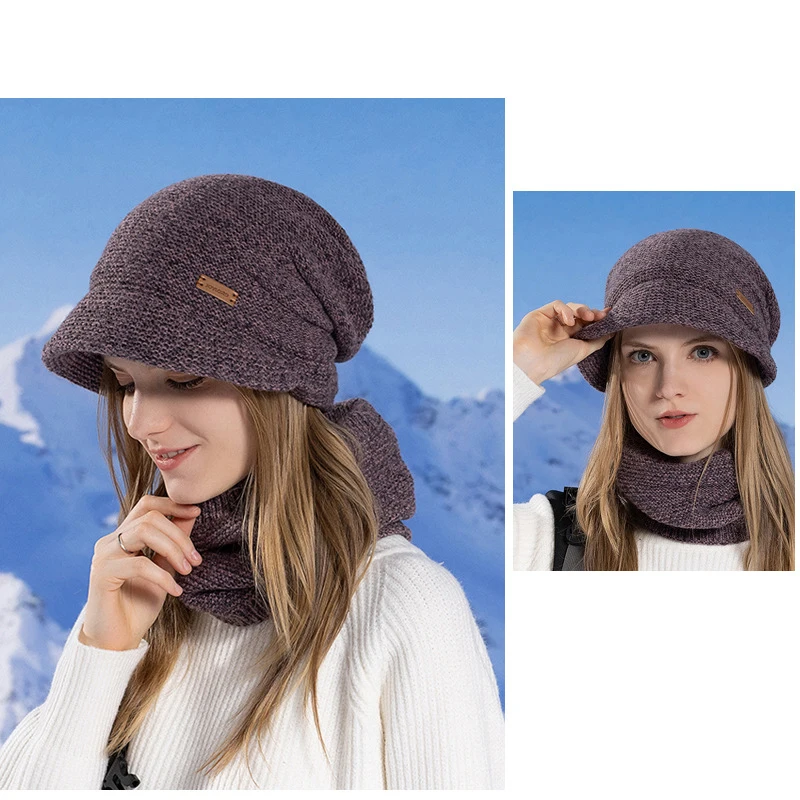 Conjunto de bufanda de lana para mujer, con forro polar gorro de lana, Boina de cuello de punto, venta al por mayor, envío directo, invierno, 2