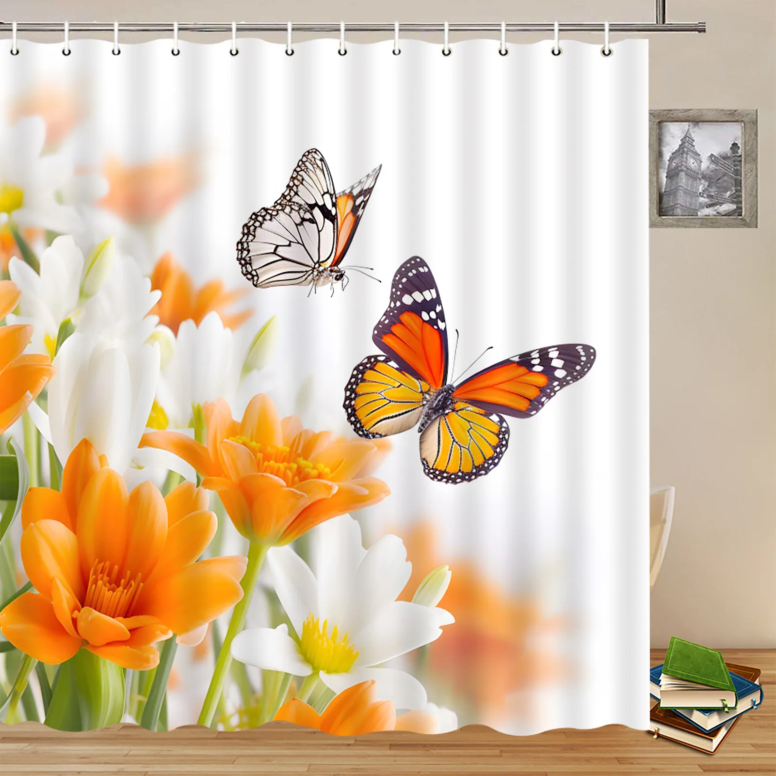 Spring Flower Butterfly Shower Curtains Orange White Floral Plant Two butterflies Bathroom Decor Waterproof Polyester Curtain