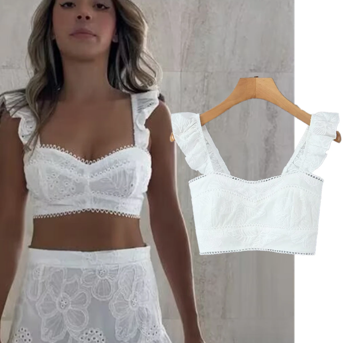 Dave&Di French Country Lazy Cotton Embroidered Camisole Tank Tops Minimalist White Holiday Casual Short Shirt Blouse Women