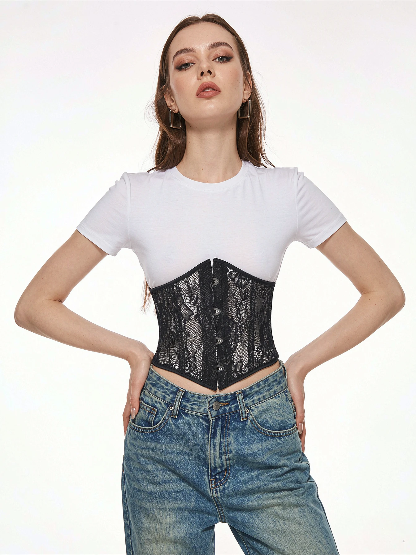 Womens Sheer Mesh Lace Underbust Corset Belt Waist Trainer Cincher Breathable Body Shaper Slimmer For Daily Wear and Party