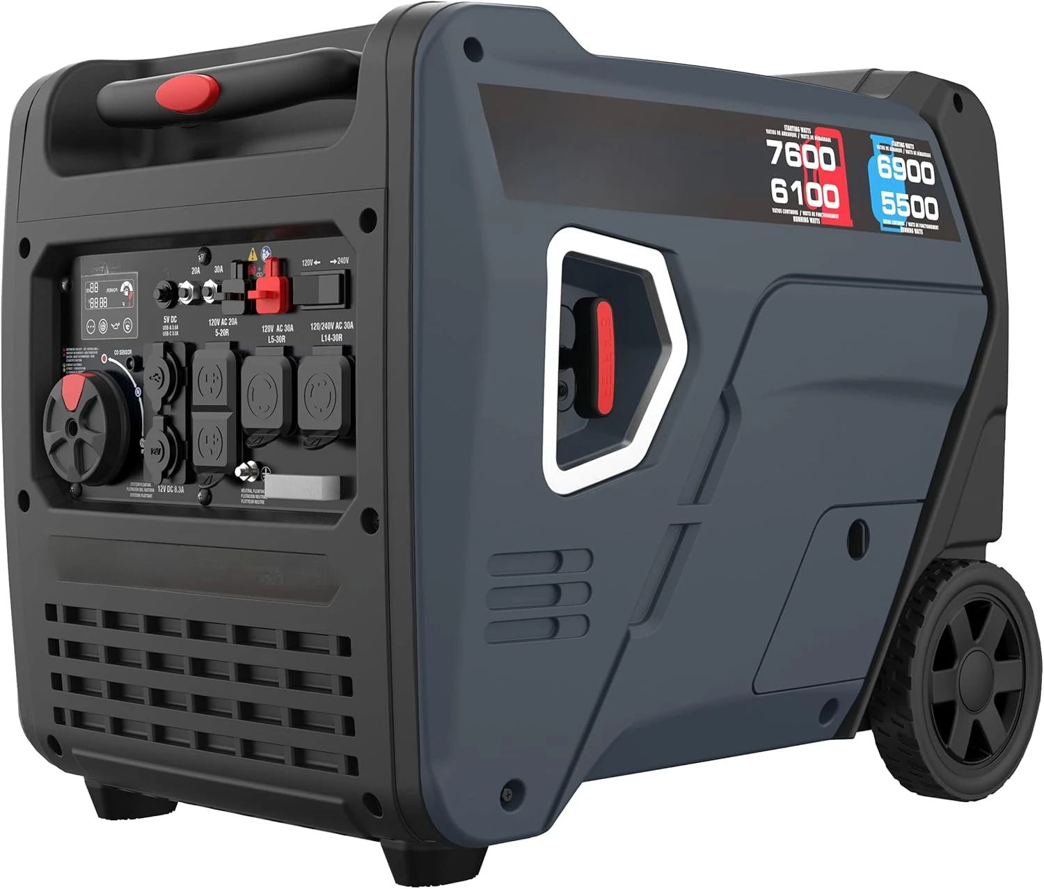 Portable Inverter Generator, 7600W Dual Fuel Electric Start RV Ready, EPA & CARB Compliant CO Sensor, With Telescopic Handle