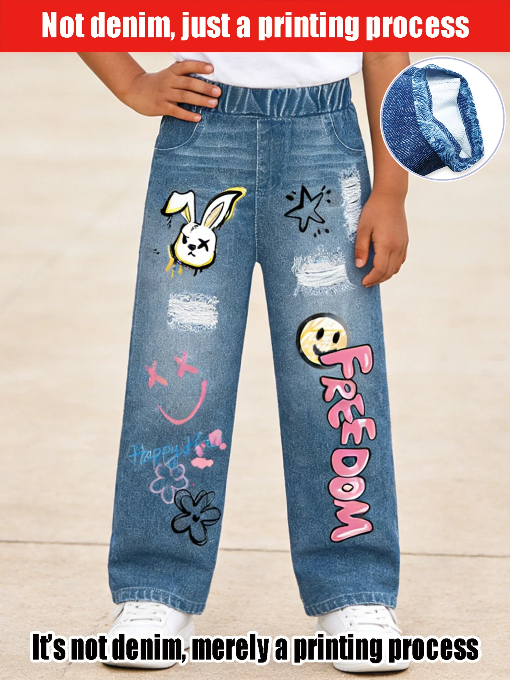 2026 children's light blue imitation denim elastic waist wide-leg pants, old and broken graffiti style