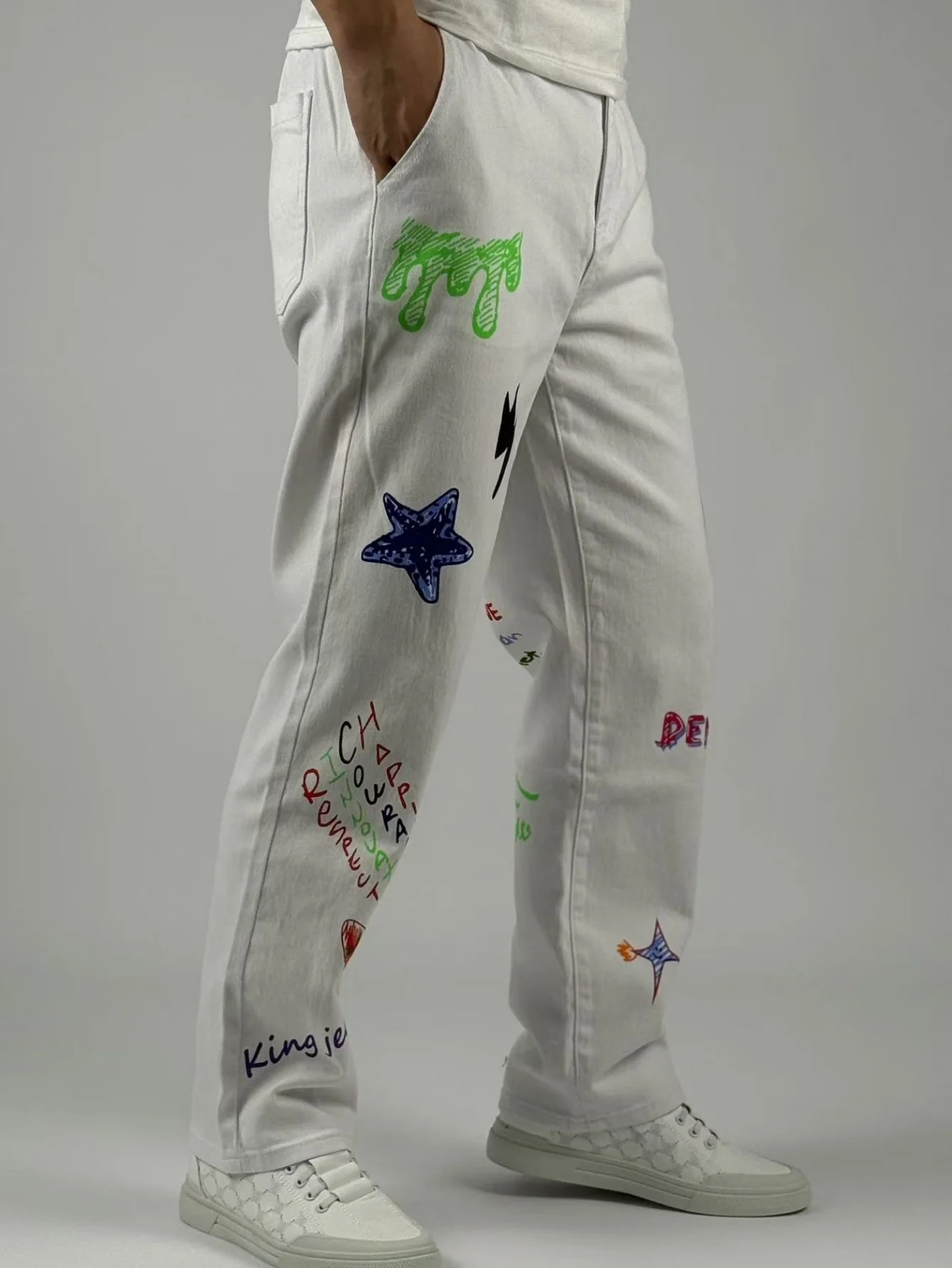 KING JEANS メンズ ストレッチウエストパンツ - ルーズストレートフィット - ヒップホップパーティートレンドプリント - クラシック万能ホワイト