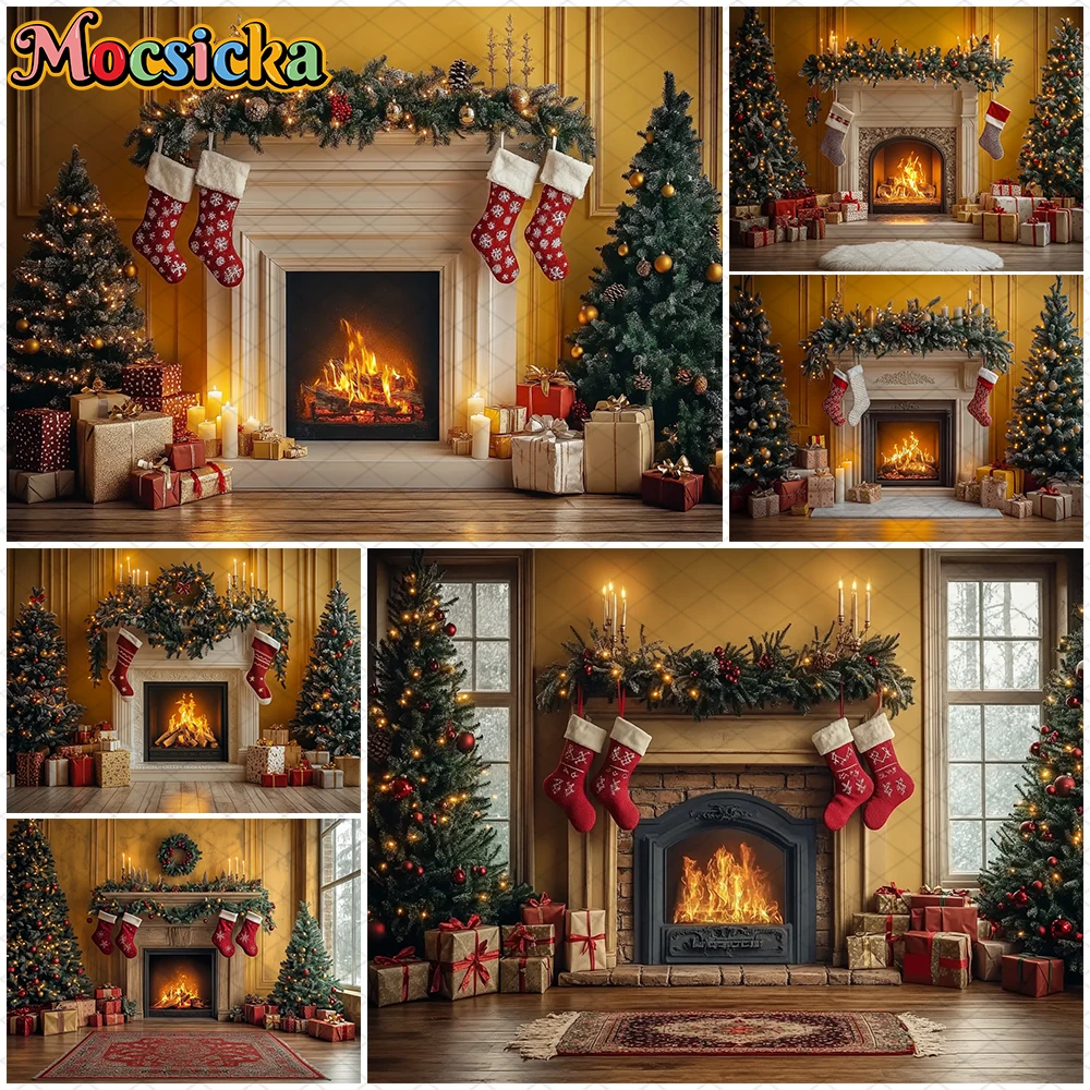 

Mocsicka Christmas Photography Background Xmas Tree Fireplace Yellow Wall Decoration Family New Year Party Photo Backdrop Banner