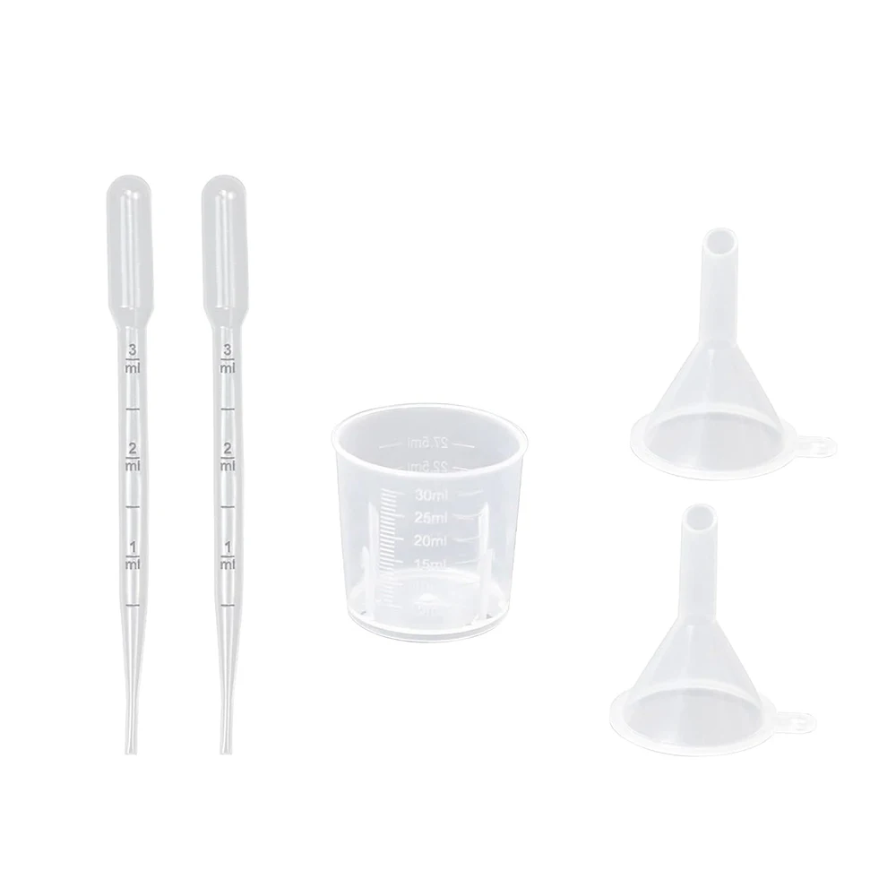 5Pack Plastic Small Funnel With Plastic Transfer Pipette 3ml , Plastic Measuring Cup For 5ml 10ml 15ml 30ml 50ml Empty Perfume