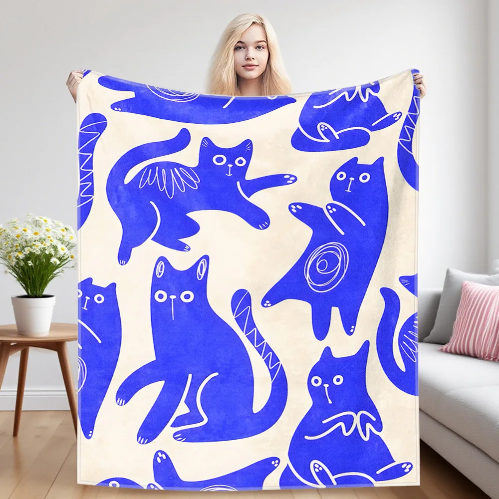 Blue Abstract Cats Sofa Specific Soft Flannel Blanket, Universal Plush Gift Blanket For All Seasons