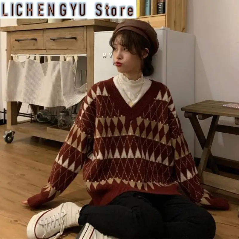 New Sweaters Women Vintage Argyle Korean Fashion Long Sleeve Top Fairy Grunge Ugly Pullover Female Sweter Autumn Winter Clothing