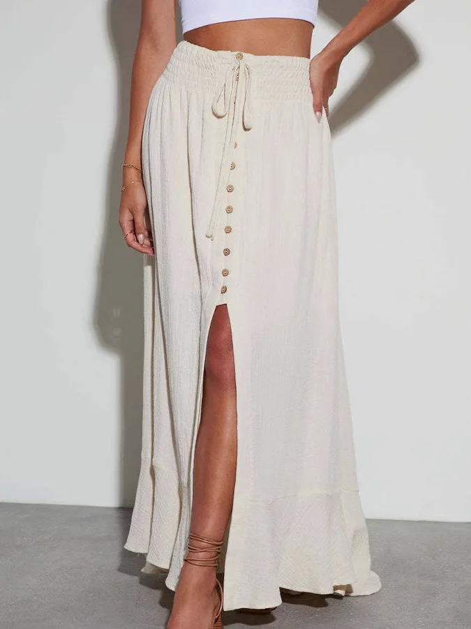Pure Color Strap Split Back Half-length Long Skirt High Waist A-line Polyester Fiber Ladies Summer Fashion Skirts