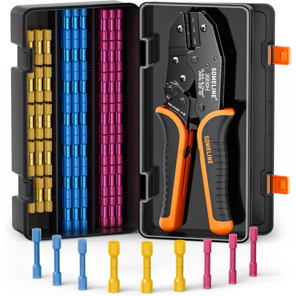 

Комплект обжимных инструментов SOMELINE для термоусадочных соединителей, с термоусадочными стыковыми соединителями морского класса 22–10 AWG, проводом с храповым механизмом