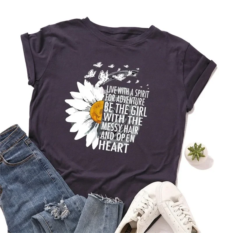 JFUNCY 2024 Summer Women T-shirts Chrysanthemum Inspirational Letter Print Female Short Sleeve Cotton T Shirt Woman Tee Tops