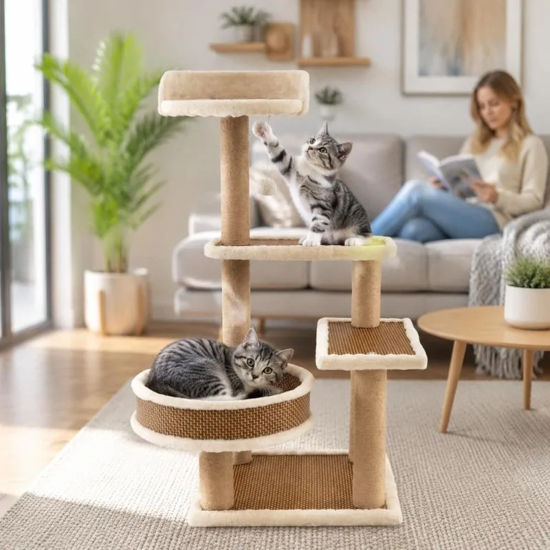 Arbre à chat multi-niveaux 2 cm en bois avec tapis en rotin tressé à la main, poteaux à gratter en chanvre, plateformes de saut, coussin amovible et lavable, balle interactive pour intérieur, salon, appartement