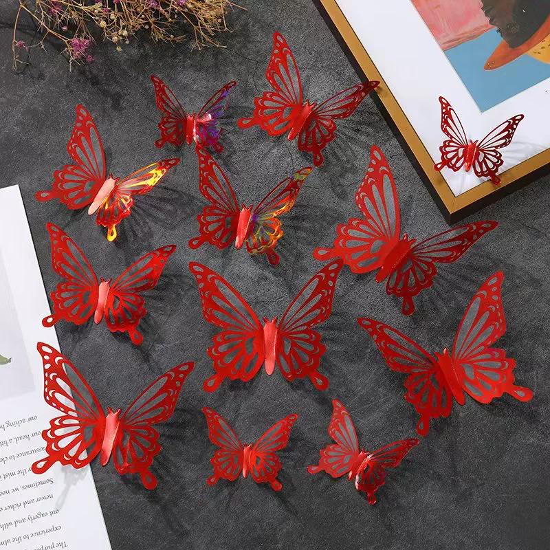 12Pcs/Set 3D Hollow Butterfly Wall Sticker Laser Colorful Sticker Wedding Party Living Room Home Decor Butterflies Decal Sticker