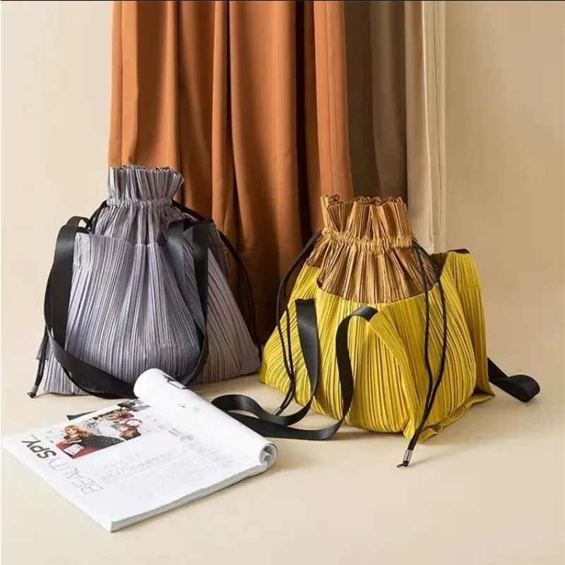 Pleated Drawstring Multifunctional Handbag Miyake Simple Large Capacity Storage Women's Travel Shoulder Crossbody Backpacks