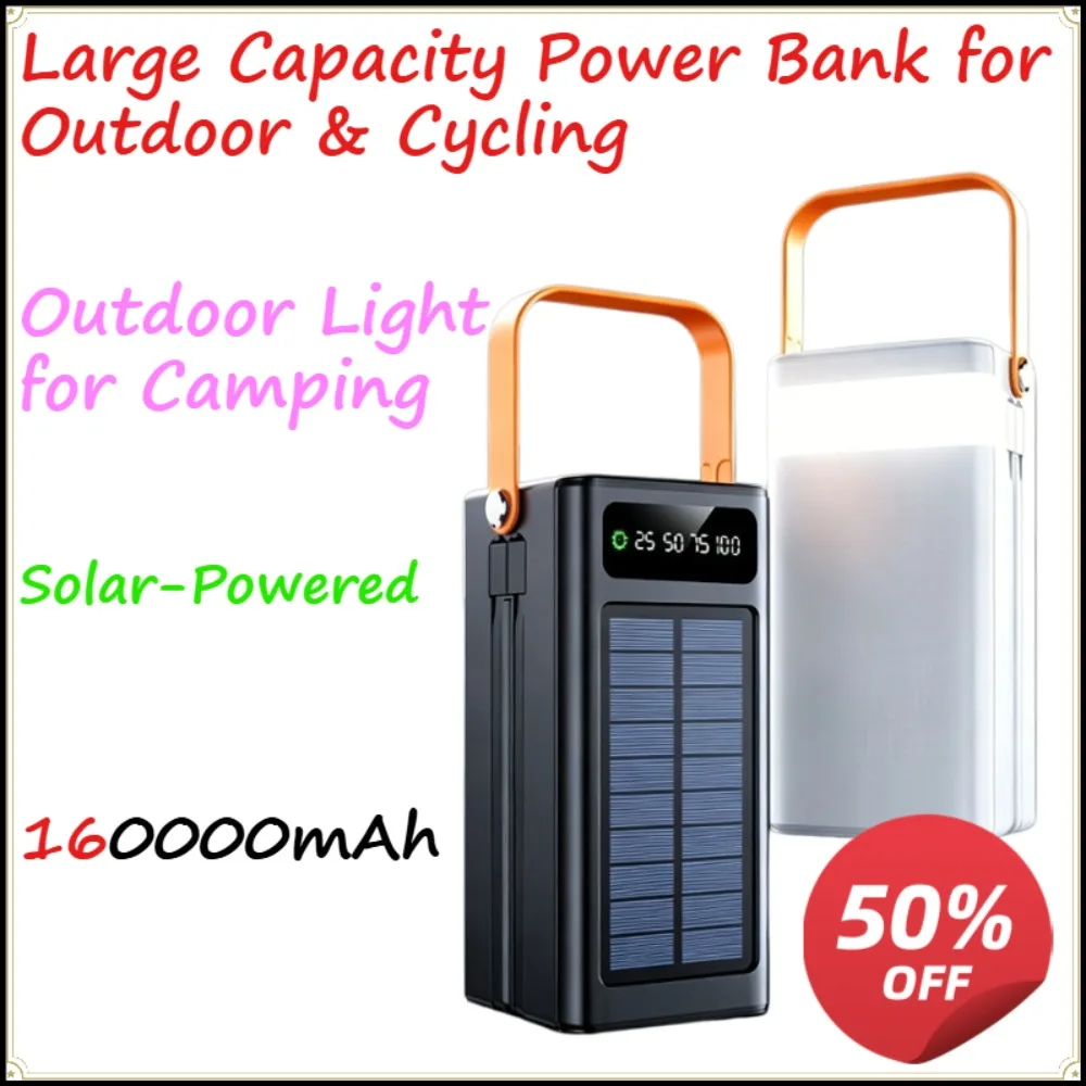 New Solar Power Bank with LED Light, Large Capacity Portable Outdoor Charger for Camping Cycling