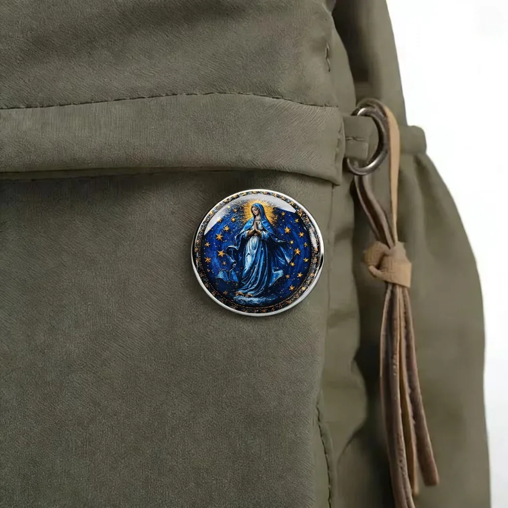 6-20Pcs 2D Flat Starry Blue Virgin Mary Brooch, Catholic Religious Lapel Pin, Stainless Steel Clothing Backpack Badge Souvenir