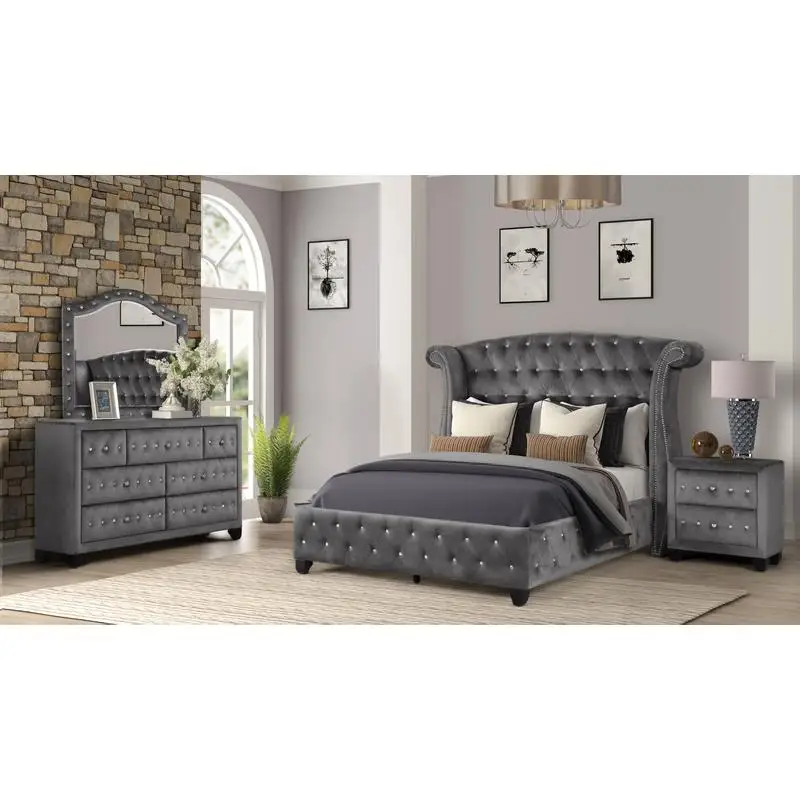 Modern Style Velvet Upholstered Bedroom Set - Includes Full Size Bed, Nightstand, Dresser, and Mirror - Crystal Tufted Design -
