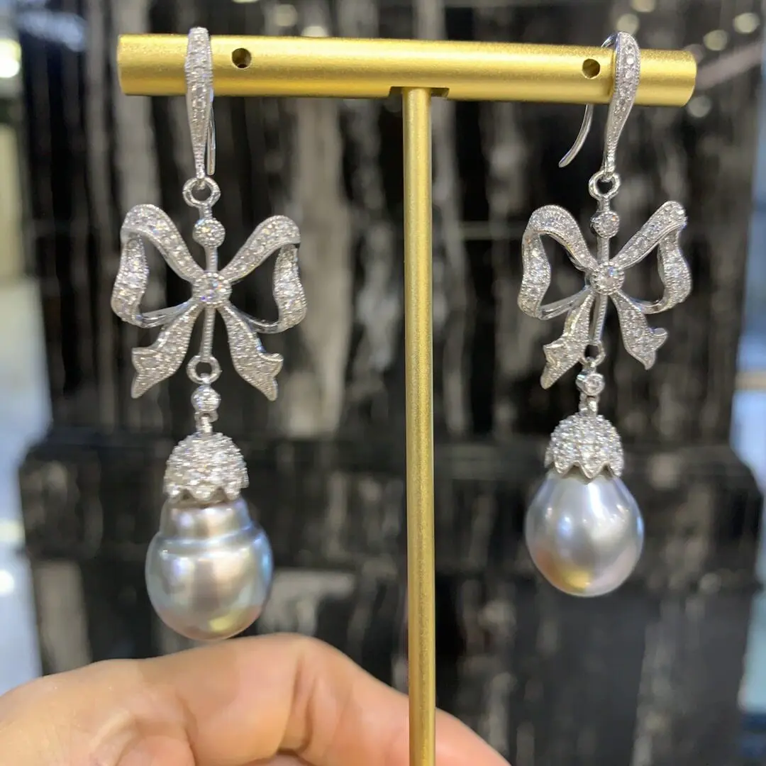 

natural tahiti pearl drop earring 925 sterling silver with cubic zircon bowknot MIYI