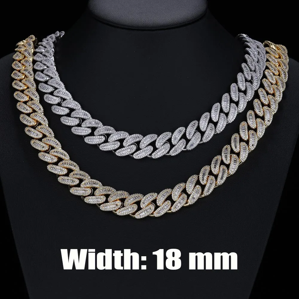 18mm Bling Iced Cz Cuban Bracelet Chain Rectangle Diamond Prong Cuban Link Necklace Men Homme Hip Hop Rapper DJ Jewelry Gift