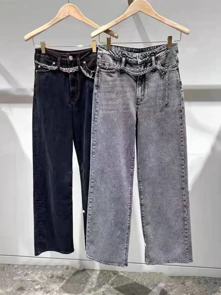 2025 Vroege lente nieuwe mode metalen ketting hoge taille rechte jeans dames casual denim lange broek vrouwelijk