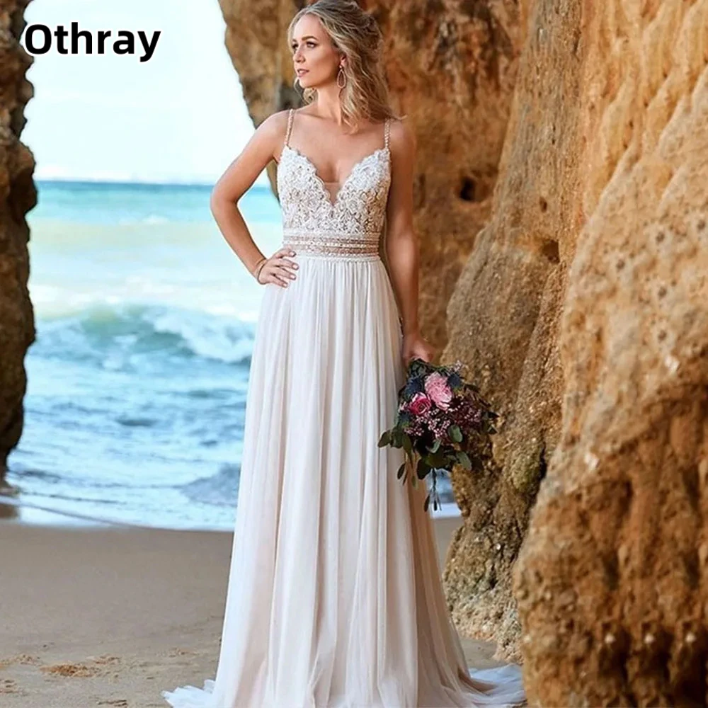 

Othray Boho Chiffon V-Neck Wedding Dress for Bride Lace Applique Sleeveless Beach Backless Bridal Gown Robe De Mariée