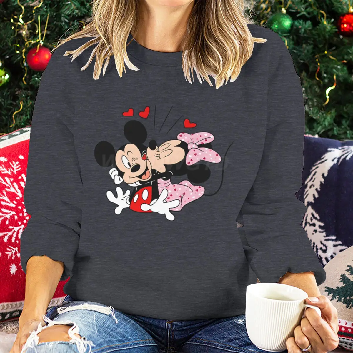 San Valentino Topolino Minnie Kiss Love Maglione Coquette Bow Minnie Mouse Felpe festive San Valentino Cuore Pullover a maniche lunghe