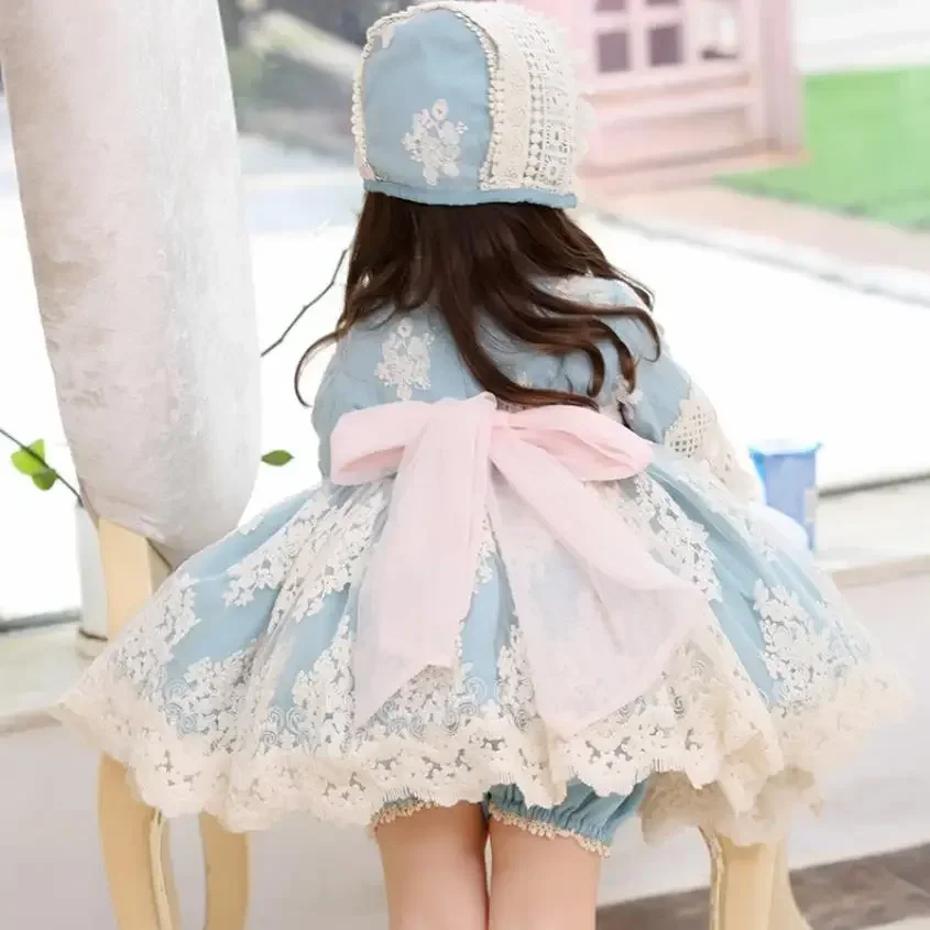 3PCS Autumn New Spanish Lolita Princess Dress Lace Stitching Sweet Cute Dresses For Girl 12M-6T