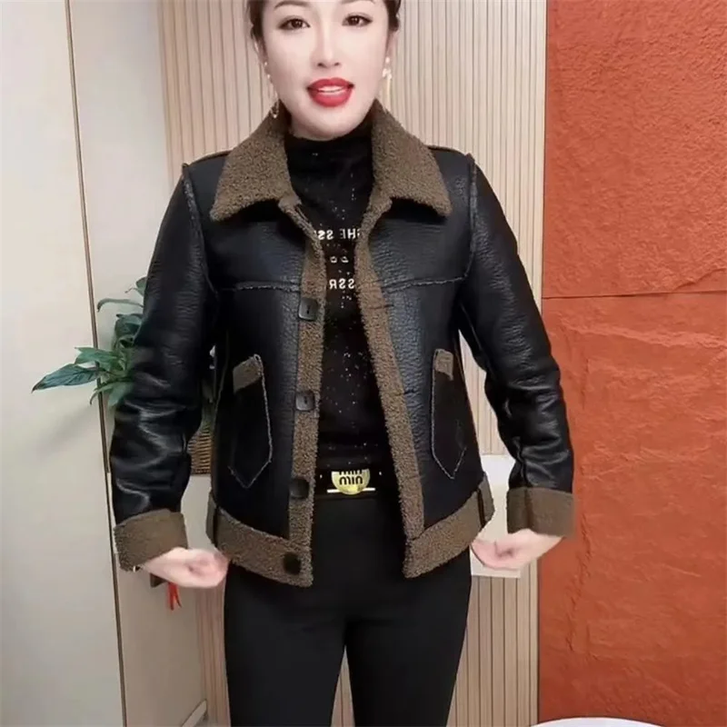2025 Women PU Leather Coat Korean Ladies Large Size 4XL Fur Integrated Outwear Autumn Winter Female Wear On Both Sides Jacket