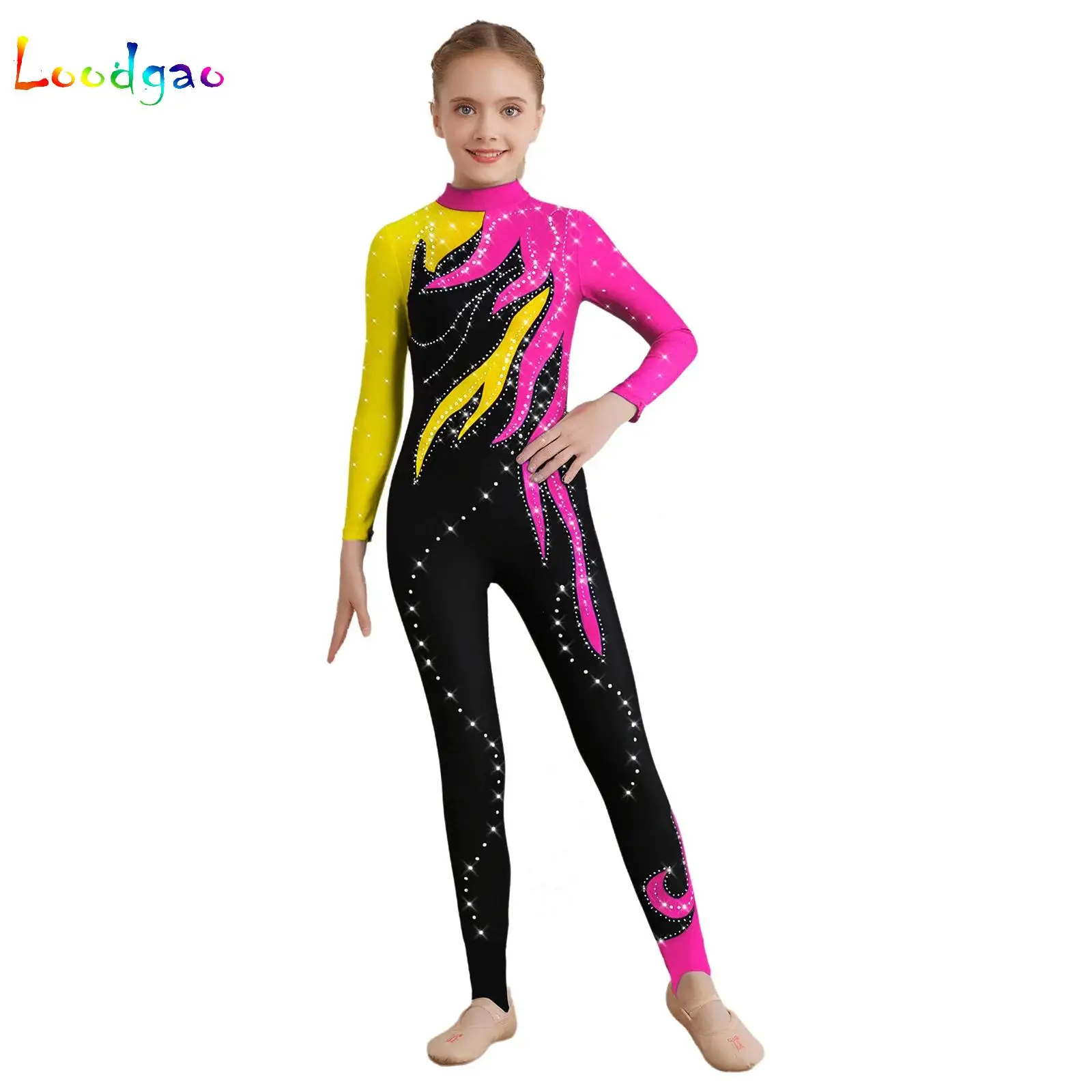 

Girls Gymnastics Leotard Jumpsuit Figure Skating Dance Performance Costume Mock Neck Long Sleeve Sheer Mesh Rhinestones Bodysuit