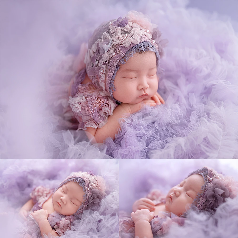 Purple Fantasy Theme Newborn Photography Props Baby Girl Lace Dresses+Flower Hat Soft Purple Mesh Blanket Studio Shoot Accessory