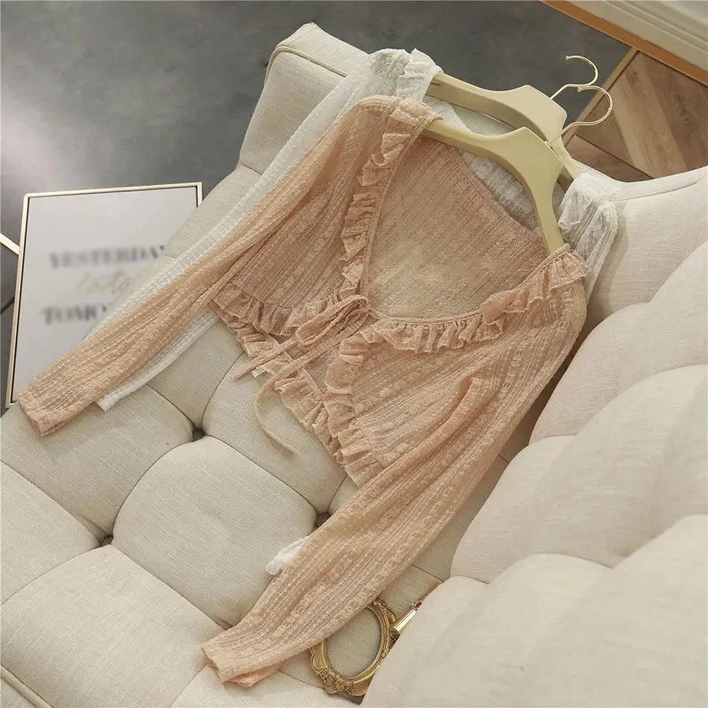 Lace Ruffle Y2Y Korean Summer Cardigan Sunscreen Loose Coat Women Casual Simple Fashion Long Sleeves Short Shirt Versatile Skirt