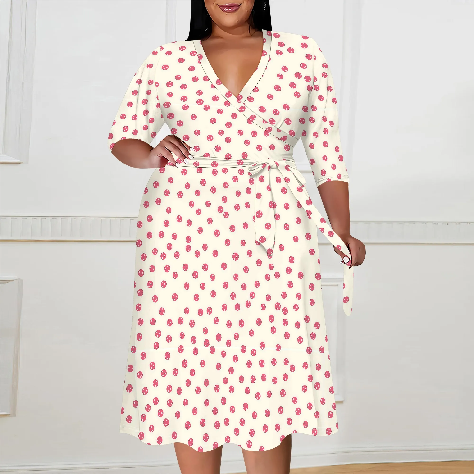 

Polka Dot Wrap Dress – Retro Cream & Pink Plus Size Midi for Spring Brunch XL-6XL