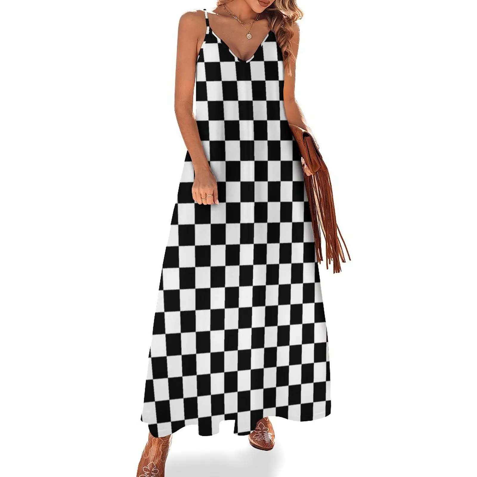 

Black and White Check Checkered Flag Motorsports Race Day + Chess Sleeveless Dress prom dresses 2024 Dress